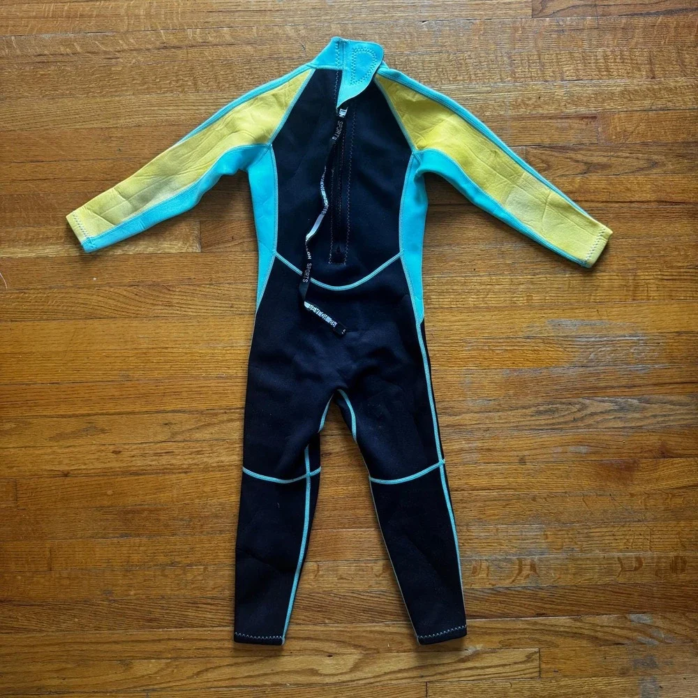 Realon Kids Full Body Wetsuit Teal Yellow‎ Black Neoprene Size S Long Sleeve